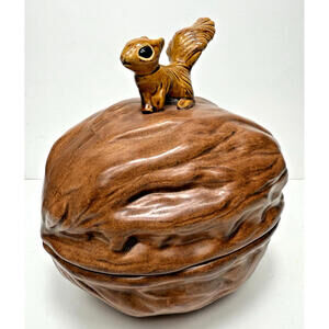 Vtg Ceramic Squirrel on Walnut Acorn Candy Nut Dish Bowl With Lid 70's Handmade